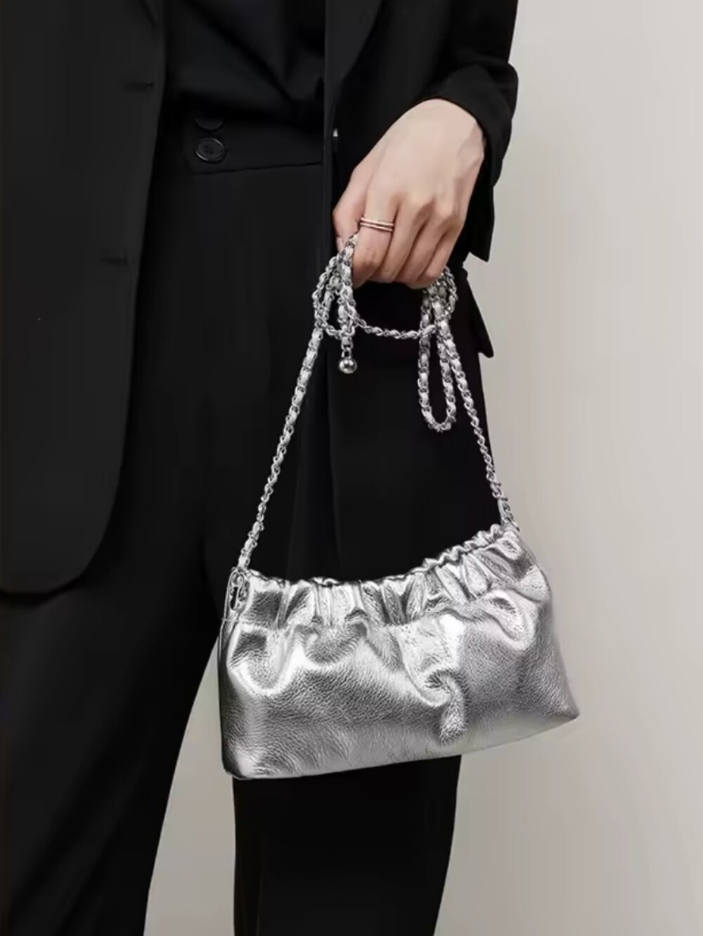 Genuine Leather Silver Metallic Chain-Handle Shoulder Bag